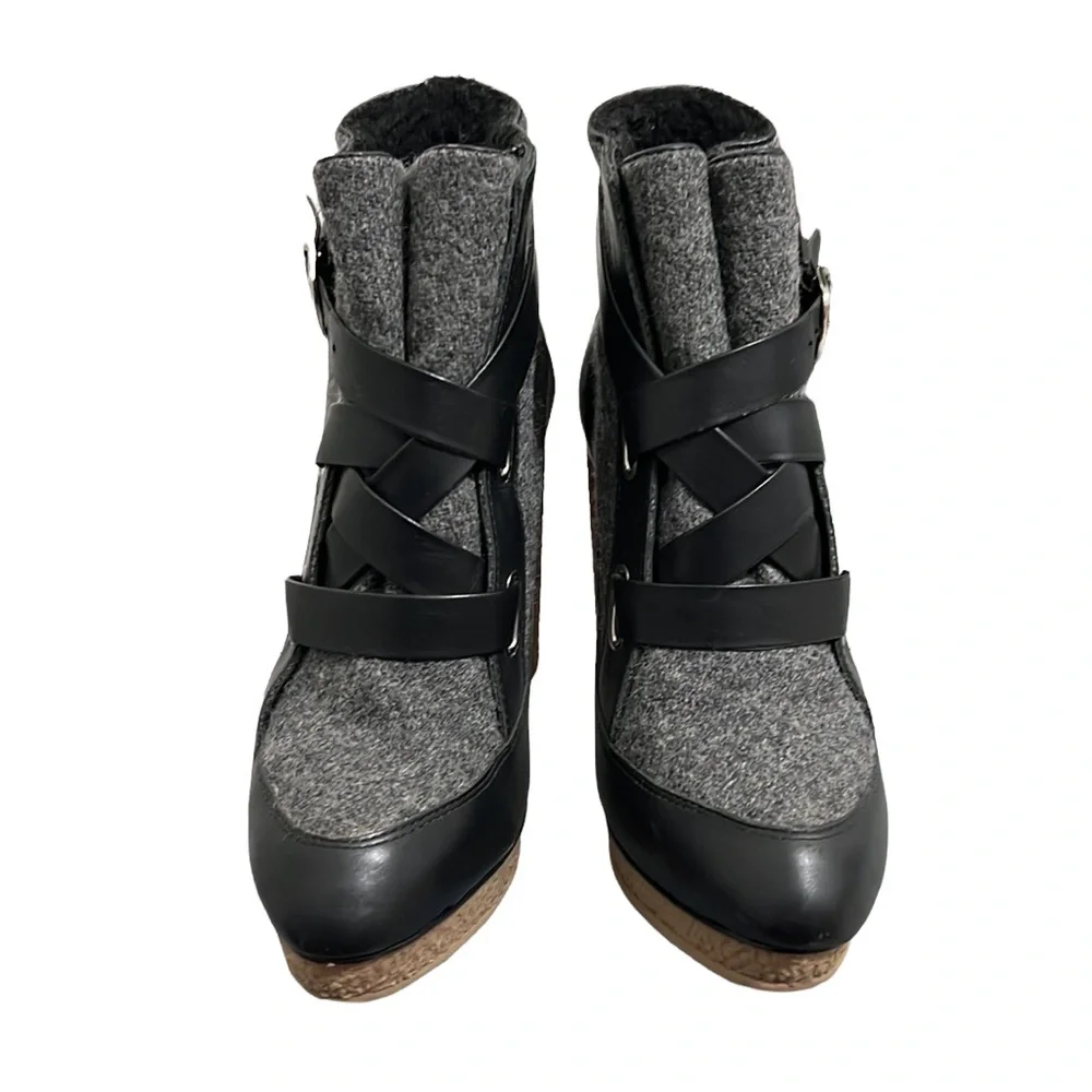 Loeffler Randall Serena Black Leather & Gray Flannel Platform Boots Size 8